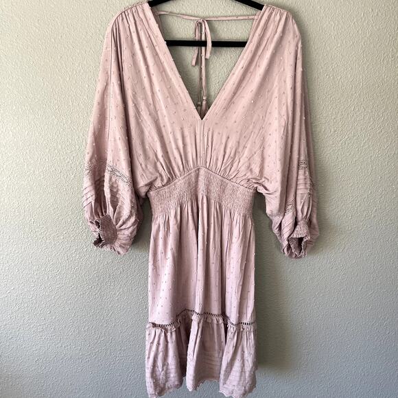 Boho Swiss Dot Crochet Accent Open Tassel Tie Back Womens Balloon Sleeve Dress S - Picture 12 of 14